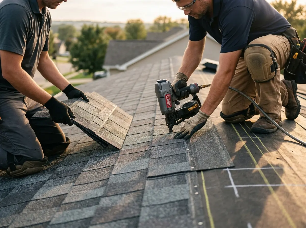 Professional roofer working on a residential roof in Mitchell